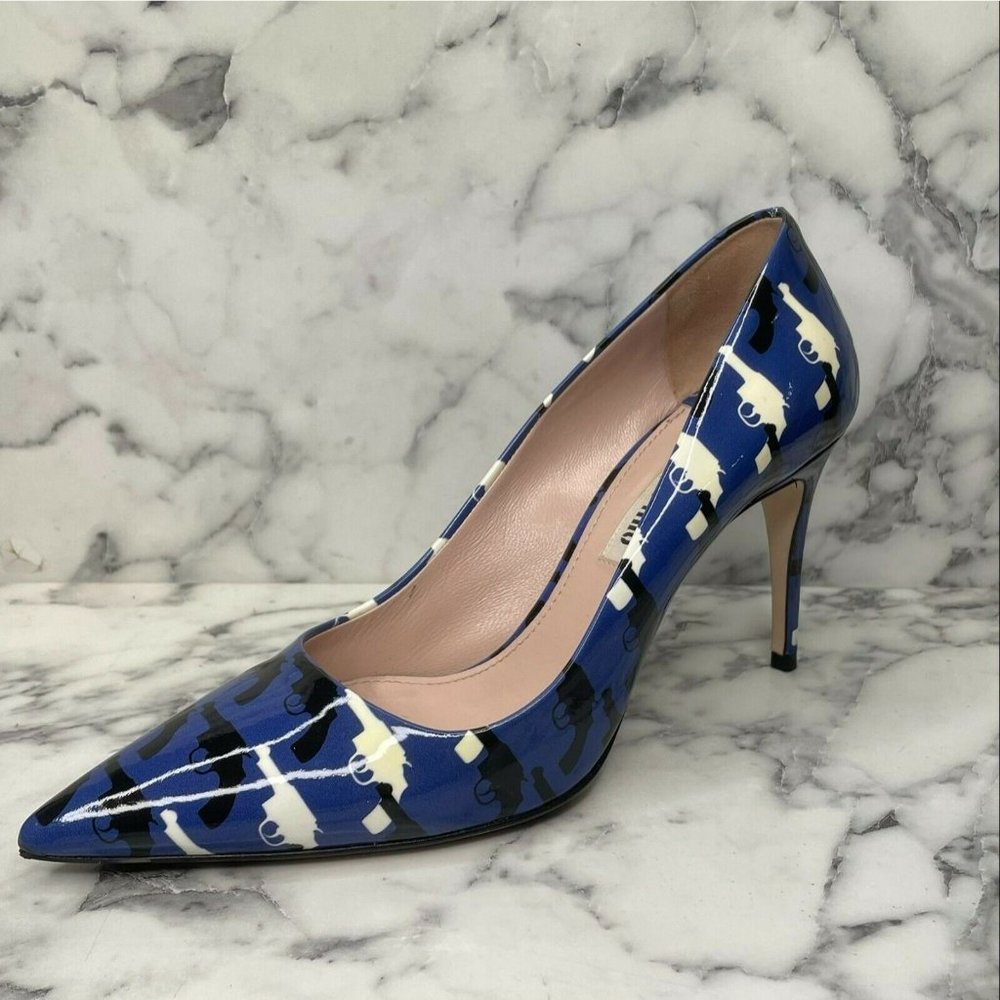 MIU MIU Cobalt Blue Patent Leather Black & White Pistols Print Point Toe Pumps
